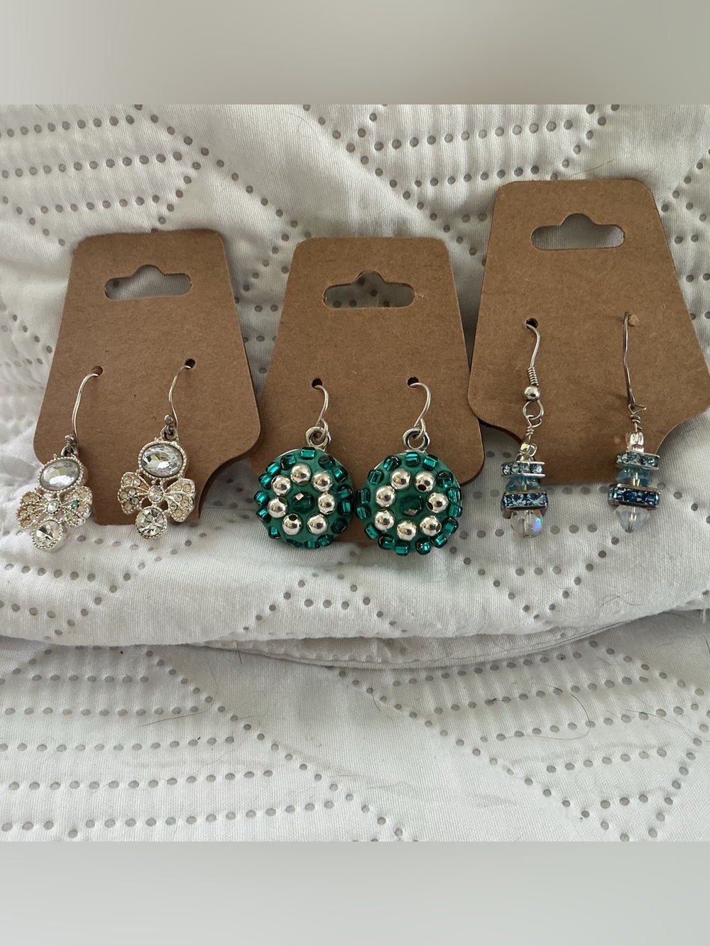 Glass Bead Drop Earrings Set 3 Pair 
Blue, Teal and Clear Women Jewelry